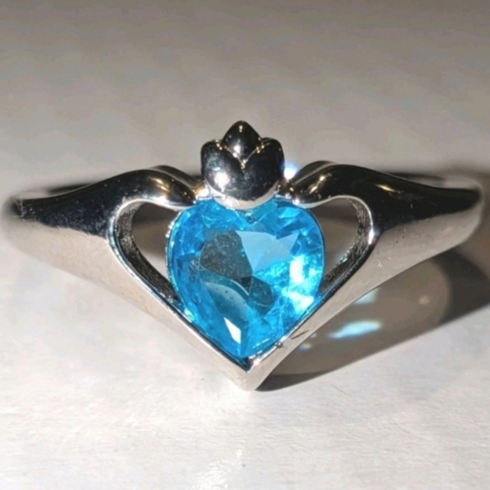 Heart Lab Created Aquamarine Valentine's day Ring 14k White Gold Plated Sz 9